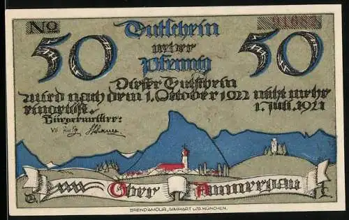 Notgeld Oberammergau 1921, 50 Pfennig, Landschaft mit Kirche und historische Figuren