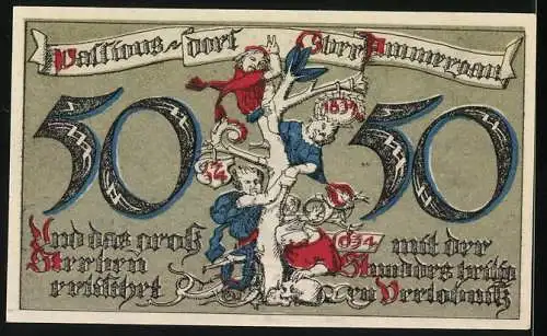 Notgeld Oberammergau 1921, 50 Pfennig, Landschaft mit Kirche und historische Figuren