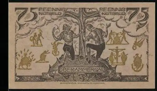 Notgeld Oberammergau 1921, 75 Pfennig, Dorfszene und historische Figuren unter Baum