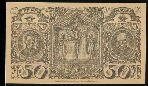 Notgeld Oberammergau 1921, 50 Pfennig, Kreuzigungsszene und Dorflandschaft