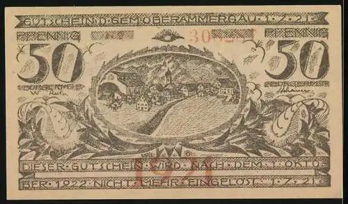 Notgeld Oberammergau 1921, 50 Pfennig, Kreuzigungsszene und Dorflandschaft