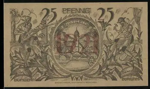 Notgeld Oberammergau 1921, 25 Pfennig, Dorfszene und Kreuzigungsmotiv