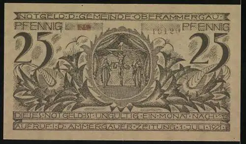 Notgeld Oberammergau 1921, 25 Pfennig, Dorfszene und Kreuzigungsmotiv