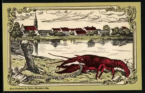 Notgeld Nörenberg 1920, 75 Pfennig, Flusslandschaft mit rotem Flusskrebs und Stadtansicht, Seriennummer, Wappen