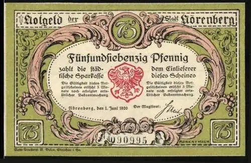 Notgeld Nörenberg 1920, 75 Pfennig, Stadtwappen und dekorative Rahmen, Flusslandschaft mit Hummer und Dorf