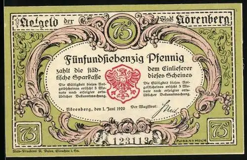 Notgeld Nörenberg 1920, 75 Pfennig, Wappen und Landschaftsansicht am Enzigsee, Seriennummer 123113