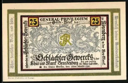 Notgeld Nörenberg, 25 Pfennig, General-Privilegium und Karte von Brandenburg