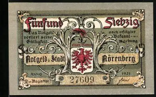 Notgeld Nörenberg 1921, 75 Pfennig, Wappen und Reiter als Hummer auf Pferd
