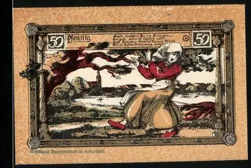 Notgeld Nörenberg 1921, 50 Pfennig, Frau kämpft gegen Wind & Hummer, Wappen mit rotem Adler