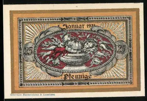 Notgeld Nörenberg 1921, 25 Pfennig, florales Motiv und Wappen mit Adler, Seriennummer 31005