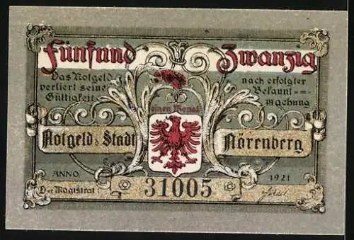 Notgeld Nörenberg 1921, 25 Pfennig, florales Motiv und Wappen mit Adler, Seriennummer 31005