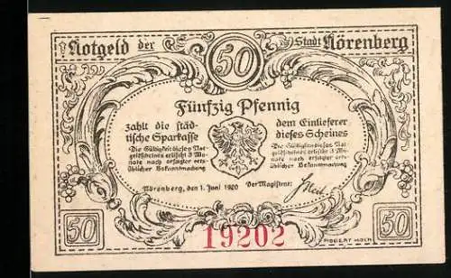 Notgeld Nörenberg 1920, 50 Pfennig, Stadtwappen und Landschaft mit Krebs
