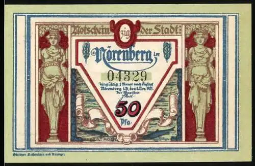 Notgeld Nörenberg 1921, 50 Pfennig, zwei Statuen und Flusslandschaft mit Hummer