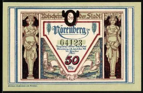 Notgeld Nörenberg 1921, 50 Pfennig, zwei Statuen und Landschaft mit Mann und Pferd
