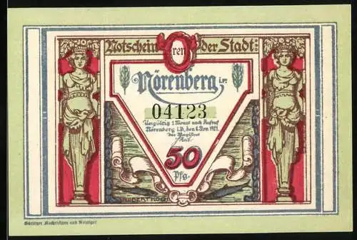 Notgeld Nörenberg 1921, 50 Pfennig, mythologische Figuren und Burgmauer mit Hummer-Angriff