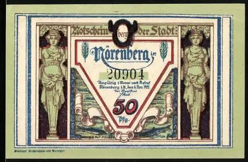 Notgeld Nörenberg 1921, 50 Pfennig, Gerichtsszene und weibliche Statuen, Seriennummer 20904