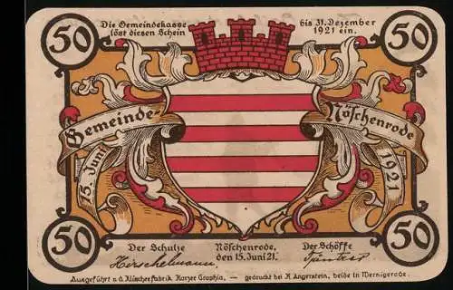Notgeld Nöschenrode 1921, 50 Pfennig, Wappen und Wanderer mit Gedicht