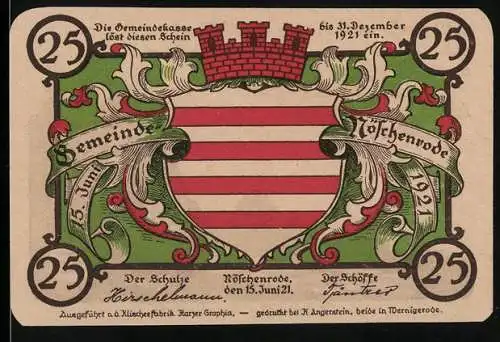 Notgeld Nöschenrode 1921, 25 Pfennig, Wappen und Landschaft mit Fachwerkhaus