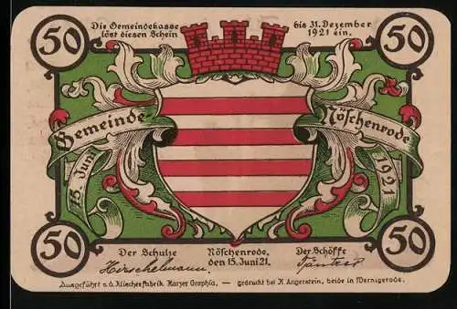 Notgeld Nöschenrode 1921, 50 Pfennig, Wappen und Silhouetten von Bergleuten