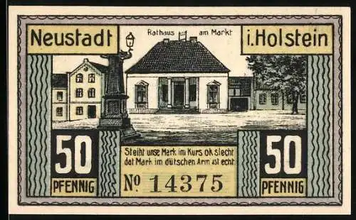 Notgeld Neustadt in Holstein 1921, 50 Pfennig, Rathaus am Markt und Eisenbahn Projekt, Seriennummer 14375