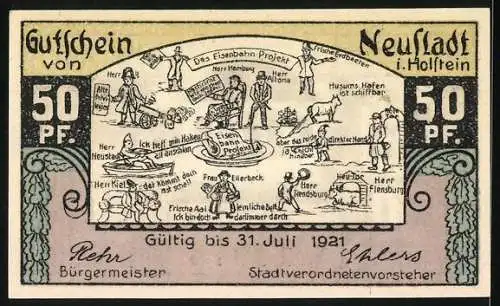 Notgeld Neustadt in Holstein 1921, 50 Pfennig, Rathaus am Markt und Eisenbahn Projekt, Seriennummer 14375