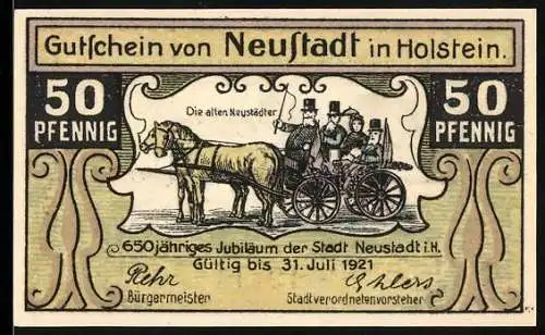 Notgeld Neustadt in Holstein 1921, 50 Pfennig, 650-jähriges Jubiläum, Pferd und Kutsche, Hafenansicht, Seriennummer 1941