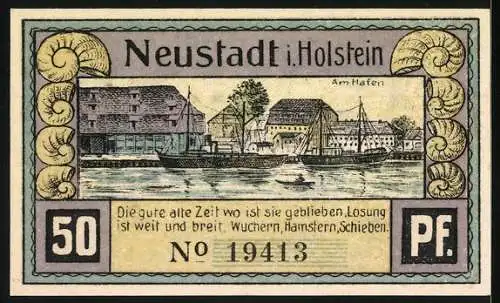 Notgeld Neustadt in Holstein 1921, 50 Pfennig, 650-jähriges Jubiläum, Pferd und Kutsche, Hafenansicht, Seriennummer 1941