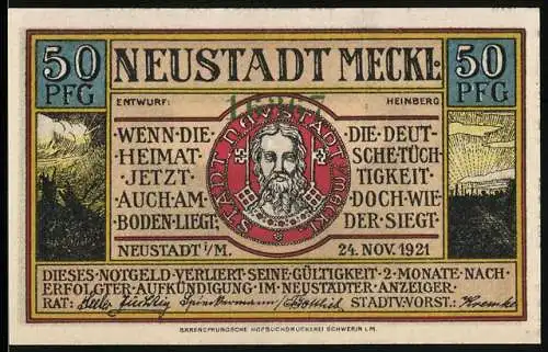 Notgeld Neustadt Meckl 1921, 50 Pfennig, Porträt im roten Siegel und Burgansicht