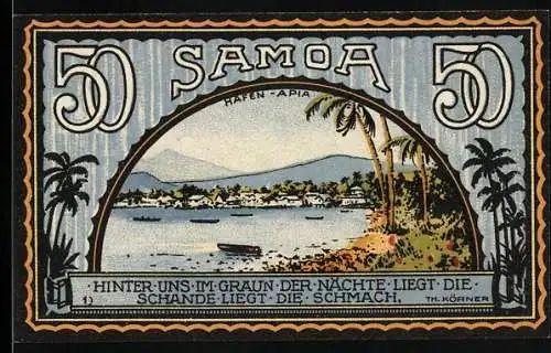 Notgeld Neustadt Meckl 1922, 50 Pfennig, Samoa, Apia Hafenansicht, Deutsche Kolonie