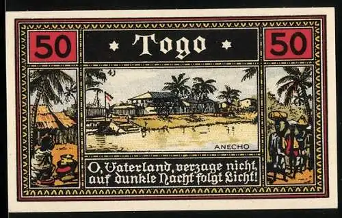 Notgeld Neustadt 1922, 50 Pfennig, Anecho in Togo, Deutsche Kolonie, tropische Landschaft und Storch mit Fröschen