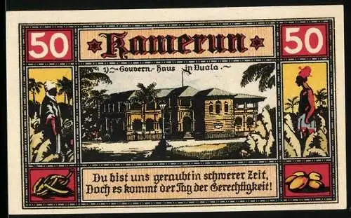 Notgeld Neustadt 1922, 50 Pfennig, Kamerun, Gouverneurhaus in Douala, Deutsche Kolonie, Frösche und Storch