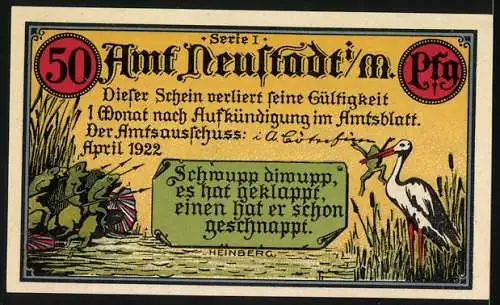 Notgeld Neustadt 1922, 50 Pfennig, Kamerun, Gouverneurhaus in Douala, Deutsche Kolonie, Frösche und Storch