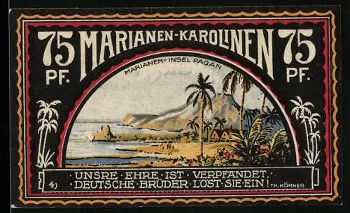 Notgeld Neustadt 1922, 75 Pfennig, Marianen-Insel Pagan, Deutsche Kolonie