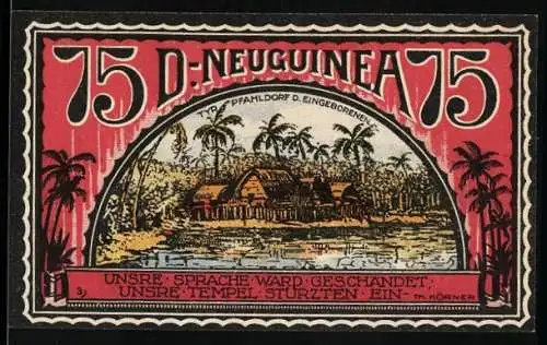 Notgeld Neustadt 1922, 75 Pfennig, Kolonie Deutsch-Neuguinea, Pfahldorf der Eingeborenen