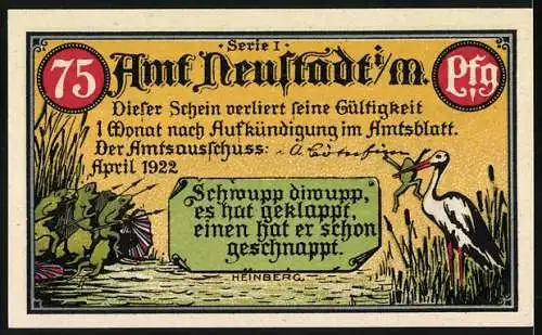 Notgeld Neustadt 1922, 75 Pfennig, Kolonie Deutsch-Südwest-Afrika, Aussenposten am Waterberg, Storch & Frösche