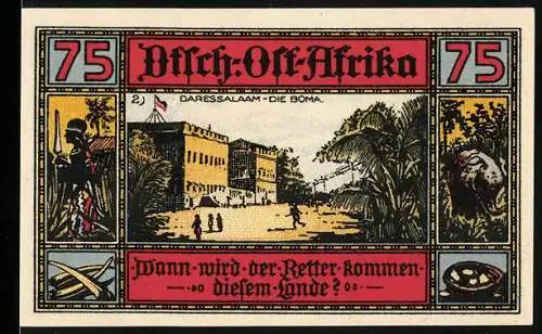 Notgeld Neustadt 1922, 75 Pfennig, Kolonie Deutsch-Ostafrika, Dar Es Salaam, die Boma, Storch mit Frosch