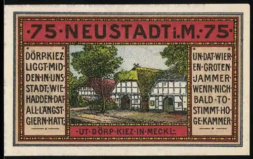 Notgeld Neustadt i. Meckl. 1921, 75 Pfennig, Dorfansicht und Petrus-Motiv