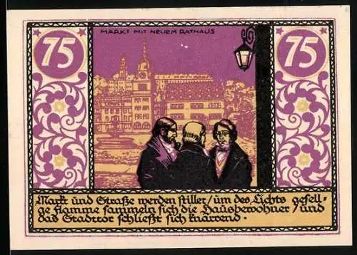 Notgeld Rudolstadt 1921, 75 Pfennig, Markt mit neuem Rathaus, Löwenwappen und Glocken, Seriennummer 26682