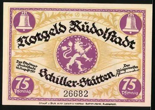 Notgeld Rudolstadt 1921, 75 Pfennig, Markt mit neuem Rathaus, Löwenwappen und Glocken, Seriennummer 26682