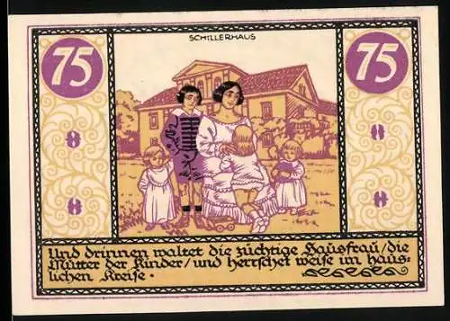 Notgeld Rudolstadt 1921, 75 Pfennig, Schiller-Haus und Familie, lila Löwe und Glocken, Seriennummer 26682