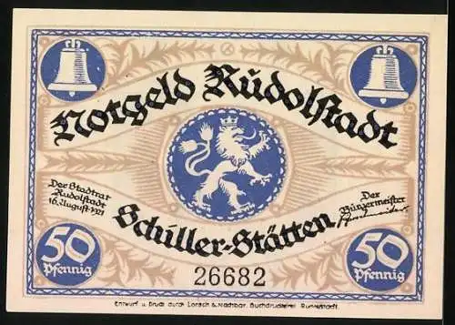 Notgeld Rudolstadt 1921, 50 Pfennig, Glockenherstellung und Löwenwappen, Seriennummer 26682