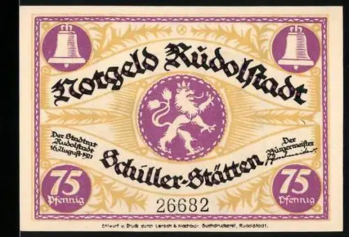 Notgeld Rudolstadt 1921, 75 Pfennig, Löwe und Glocken, Heidecksburg und zwei Personen, Seriennummer 26682