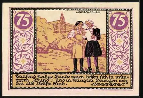 Notgeld Rudolstadt 1921, 75 Pfennig, Löwe und Glocken, Heidecksburg und zwei Personen, Seriennummer 26682