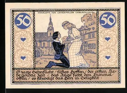Notgeld Rudolstadt 1921, 50 Pfennig, kniender Mann und stehende Frau, Löwenwappen, Seriennummer 26682