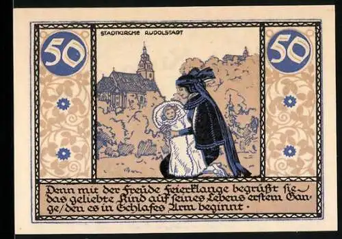 Notgeld Rudolstadt 1921, 50 Pfennig, Stadtkirche, Kind und Mutter, Löwenwappen, Seriennummer 26682