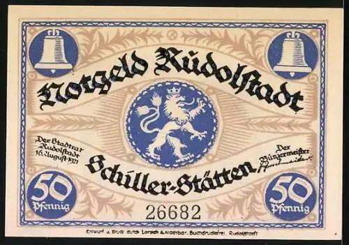 Notgeld Rudolstadt 1921, 50 Pfennig, Stadtkirche, Kind und Mutter, Löwenwappen, Seriennummer 26682