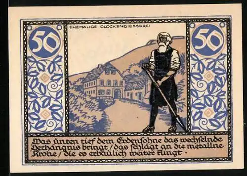 Notgeld Rudolstadt 1921, 50 Pfennig, Arbeiter mit Schaufel und Löwenwappen