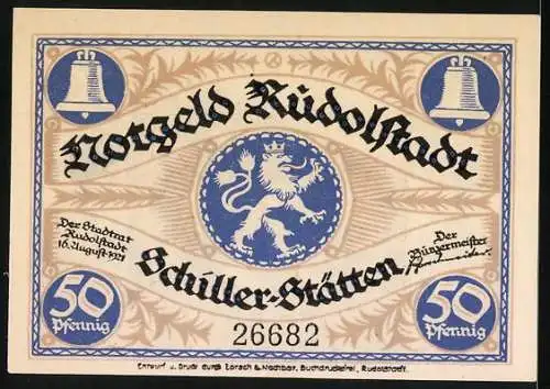 Notgeld Rudolstadt 1921, 50 Pfennig, Arbeiter mit Schaufel und Löwenwappen