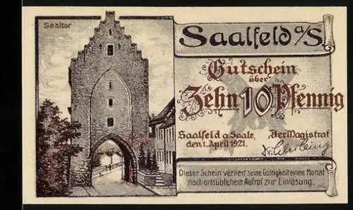 Notgeld Saalfeld 1921, 10 Pfennig, Stadttor und Brücke mit Landschaft