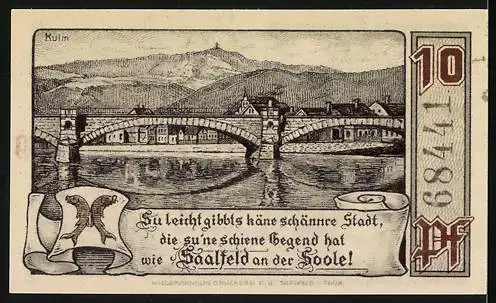 Notgeld Saalfeld 1921, 10 Pfennig, Stadttor und Brücke mit Landschaft